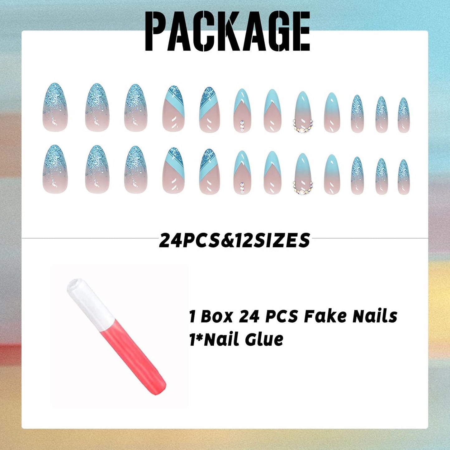 Almond Press on Nails French Medium Blue Fake Nails Glitter Gradient False Nails with Designs Rhinestone Full Cover Acrylic Nails Glossy Glue on Nails for Women 24Pcs