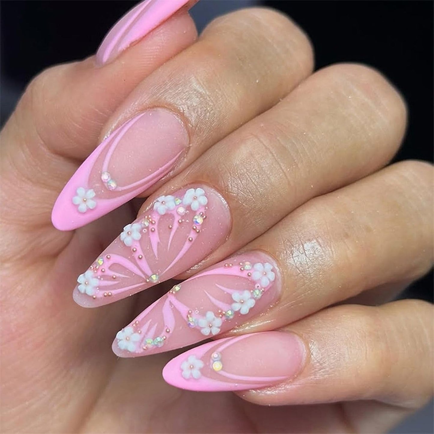 Almond Press on Nails French Medium Blue Fake Nails Glitter Gradient False Nails with Designs Rhinestone Full Cover Acrylic Nails Glossy Glue on Nails for Women 24Pcs