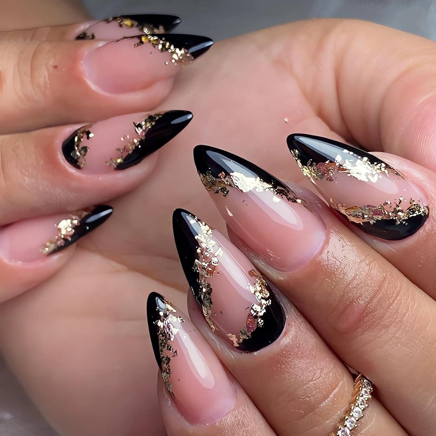Almond Press on Nails French Medium Blue Fake Nails Glitter Gradient False Nails with Designs Rhinestone Full Cover Acrylic Nails Glossy Glue on Nails for Women 24Pcs