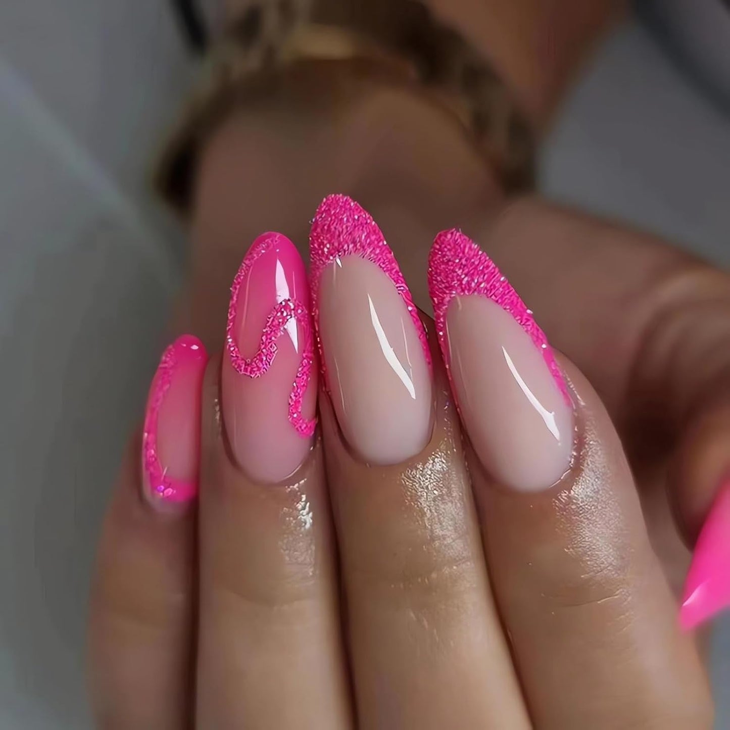 Almond Press on Nails French Medium Blue Fake Nails Glitter Gradient False Nails with Designs Rhinestone Full Cover Acrylic Nails Glossy Glue on Nails for Women 24Pcs