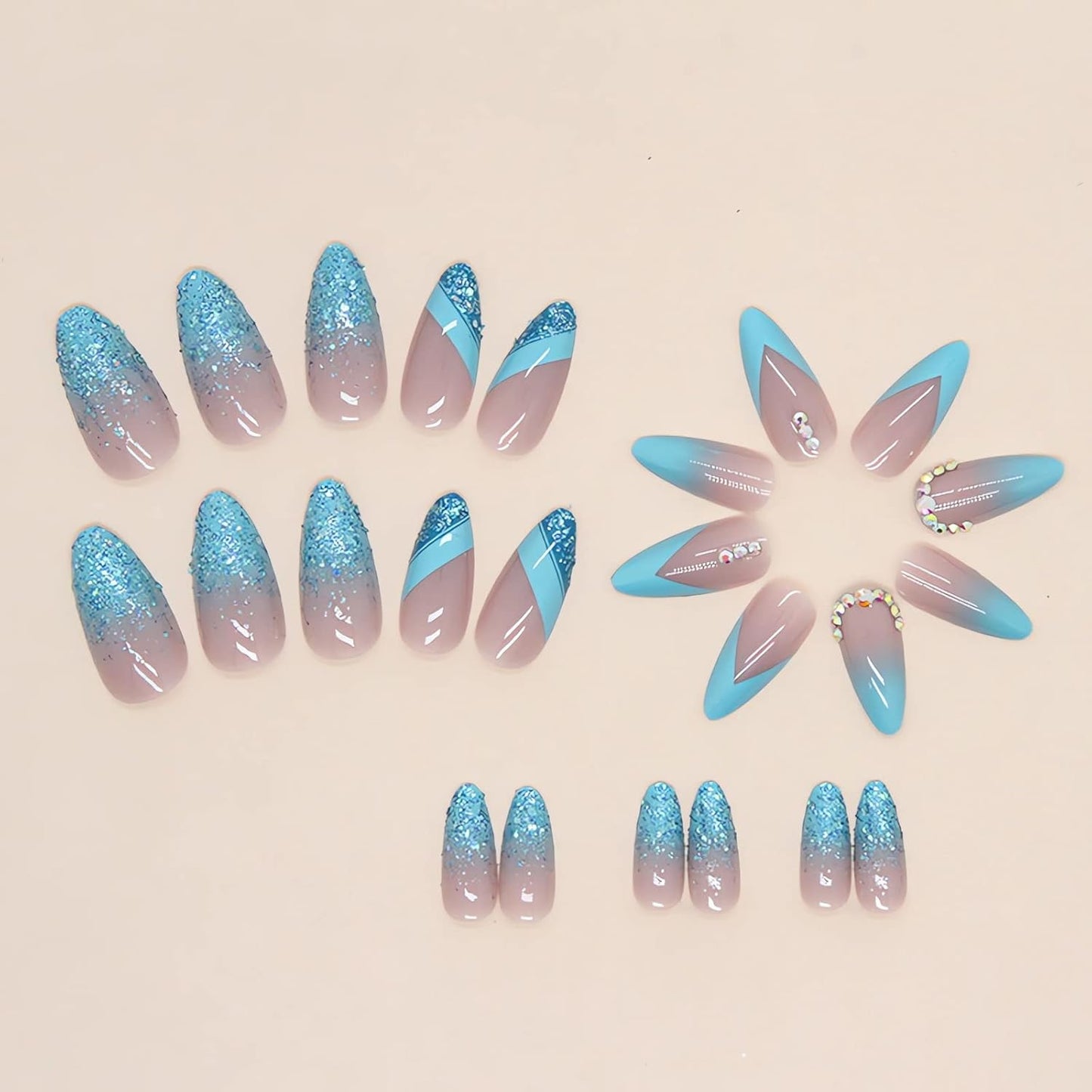 Almond Press on Nails French Medium Blue Fake Nails Glitter Gradient False Nails with Designs Rhinestone Full Cover Acrylic Nails Glossy Glue on Nails for Women 24Pcs