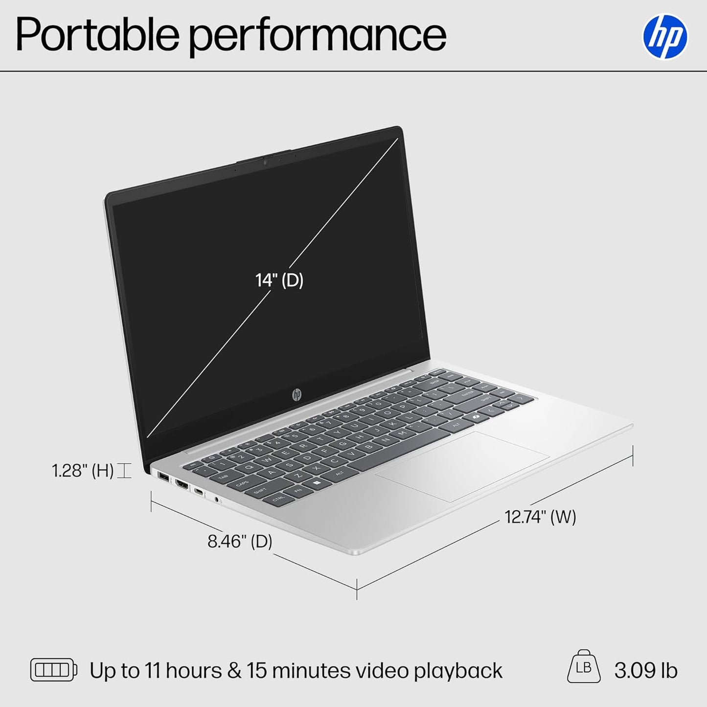 14 Inch Laptop, HD Display, Intel Core I3-N305, 8 GB RAM, 256 GB SSD, Intel UHD Graphics, Windows 11 Home in S Mode, Natural Silver, 14-Ep0299Nr