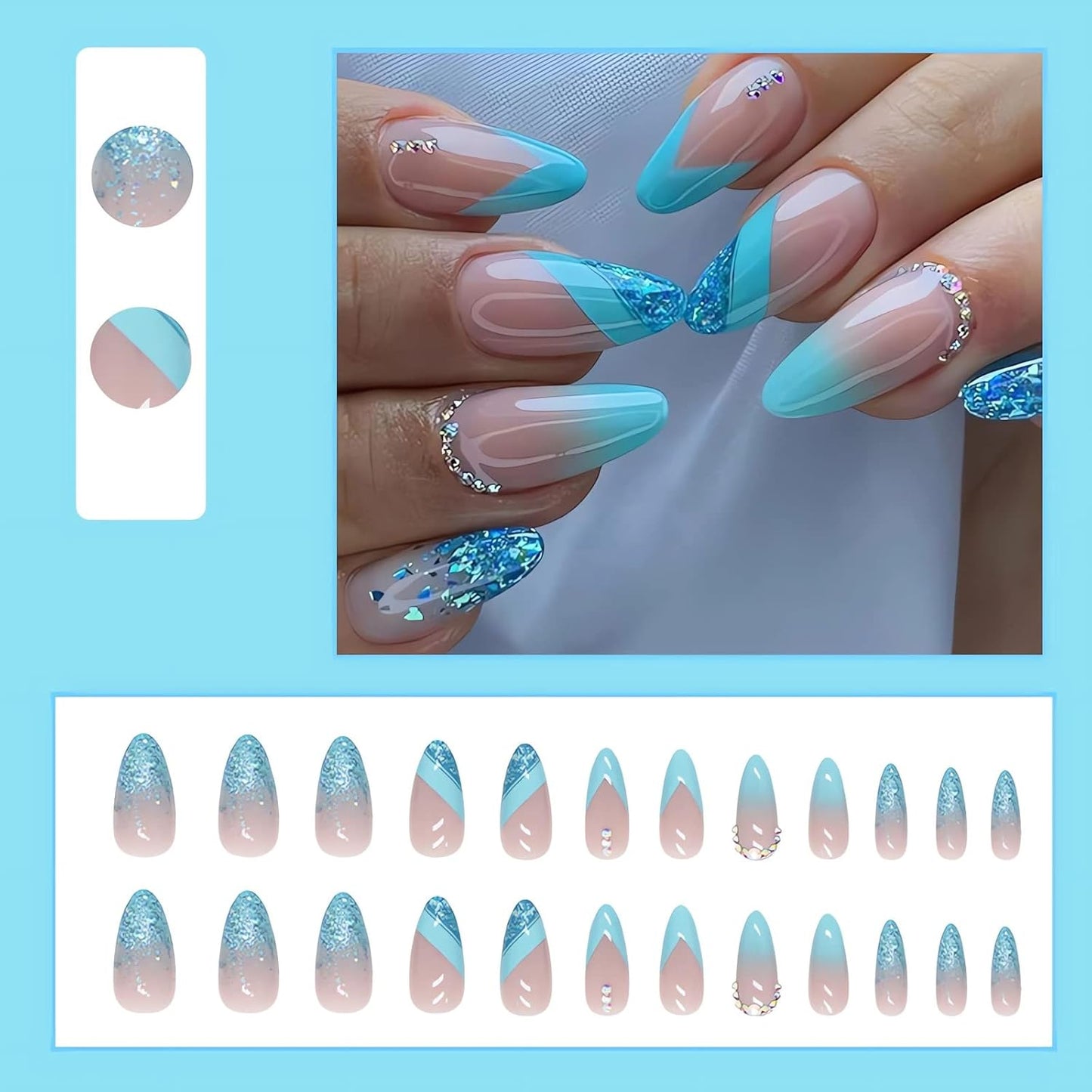 Almond Press on Nails French Medium Blue Fake Nails Glitter Gradient False Nails with Designs Rhinestone Full Cover Acrylic Nails Glossy Glue on Nails for Women 24Pcs