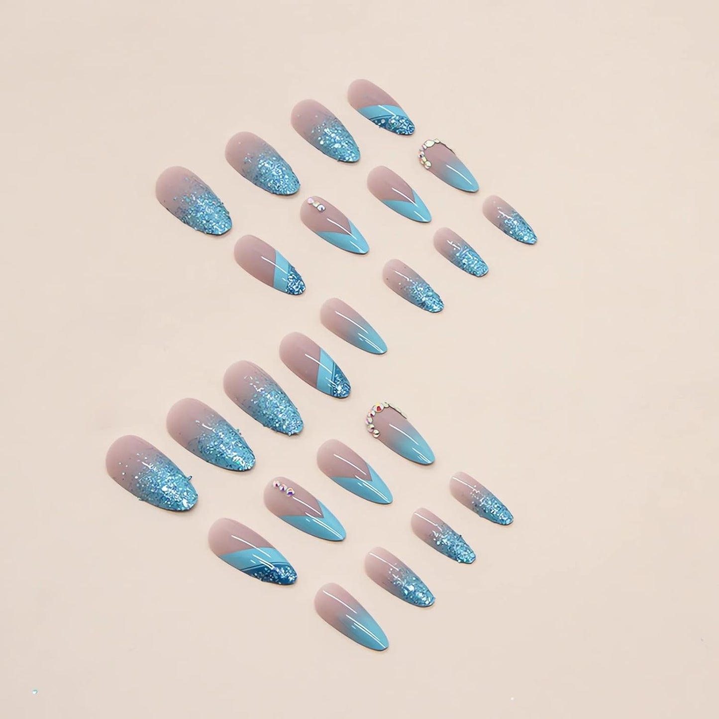 Almond Press on Nails French Medium Blue Fake Nails Glitter Gradient False Nails with Designs Rhinestone Full Cover Acrylic Nails Glossy Glue on Nails for Women 24Pcs