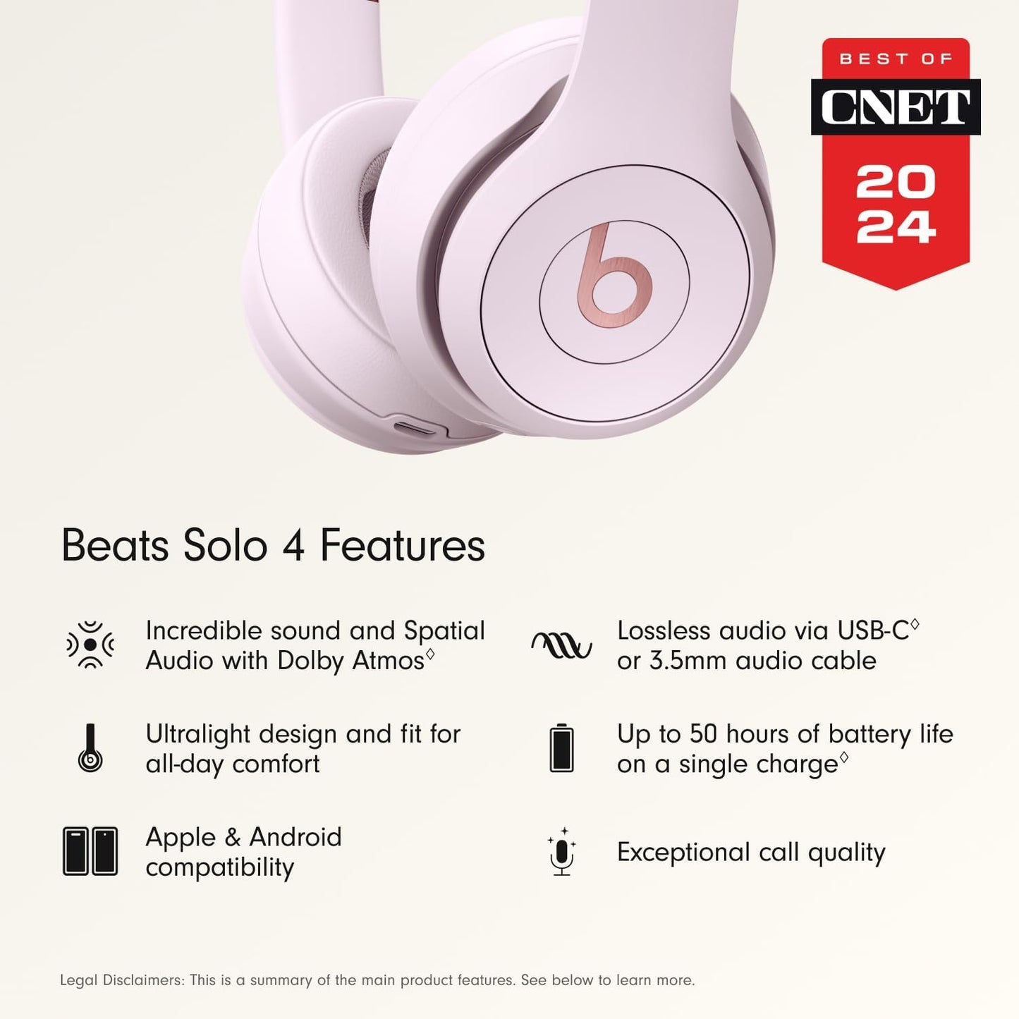 Solo 4 - Wireless Bluetooth On-Ear Headphones, & Android Compatible, up to 50 Hours of Battery Life - Cloud Pink