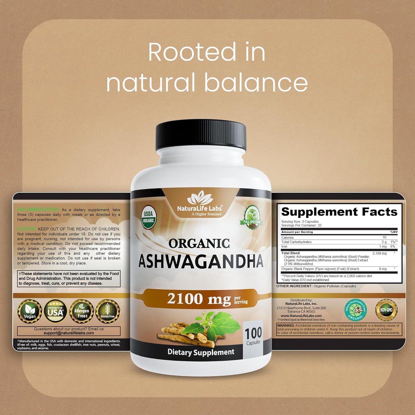 Organic Ashwagandha 2100 Mg per Serving – Root Powder & Extract – 100 Capsules – Vegan, Non-Gmo, Gluten-Free