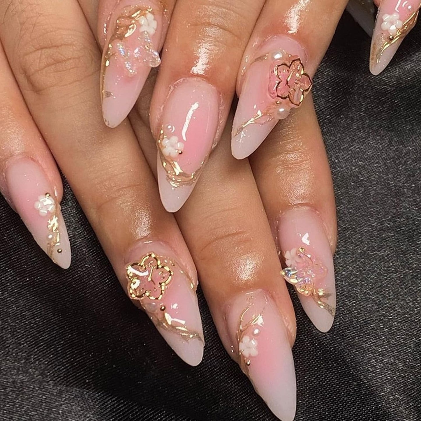 Almond Press on Nails French Medium Blue Fake Nails Glitter Gradient False Nails with Designs Rhinestone Full Cover Acrylic Nails Glossy Glue on Nails for Women 24Pcs