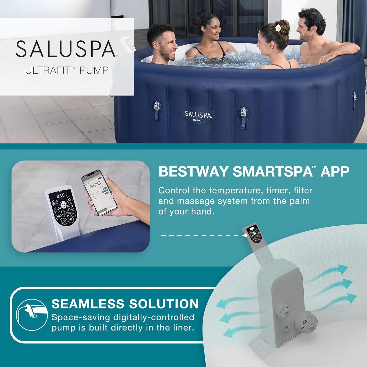 Saluspa Hawaii Smart Airjet Inflatable Hot Tub Square Portable 4 to 6 Person Spa with 140 Airjets, App Control and Energysense Cover, Blue