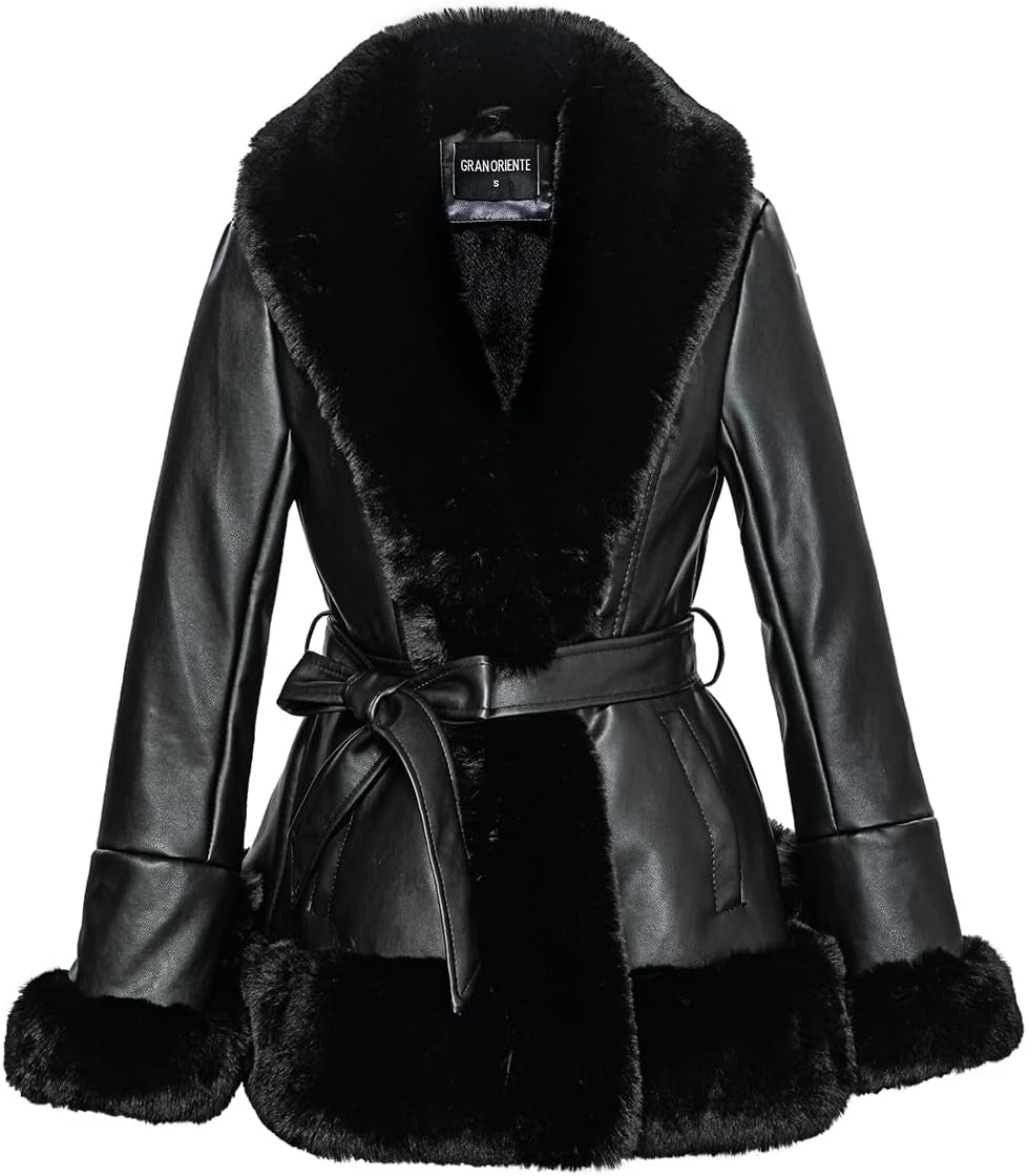 Women'S Faux Leather Jacket with Faux Fur Collar, Winter Long Sleeve Furry Trim Peplum Parka Coat with Belt