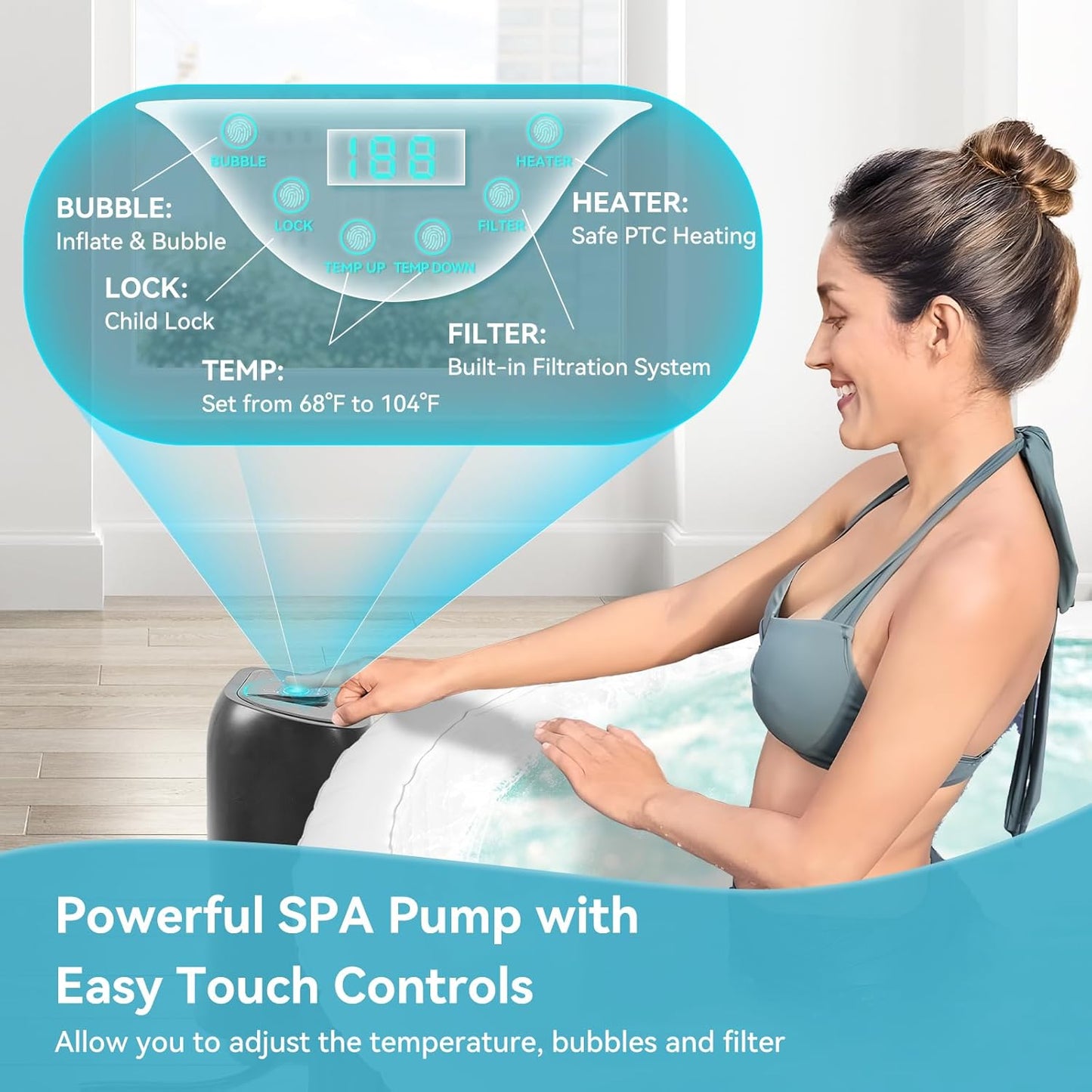 2 Person Oval Inflatable Hot Tub, 100 Air Jets, 145 Gal, Black, PVC, Oval Shape, 75' L X 47'W X 25'H