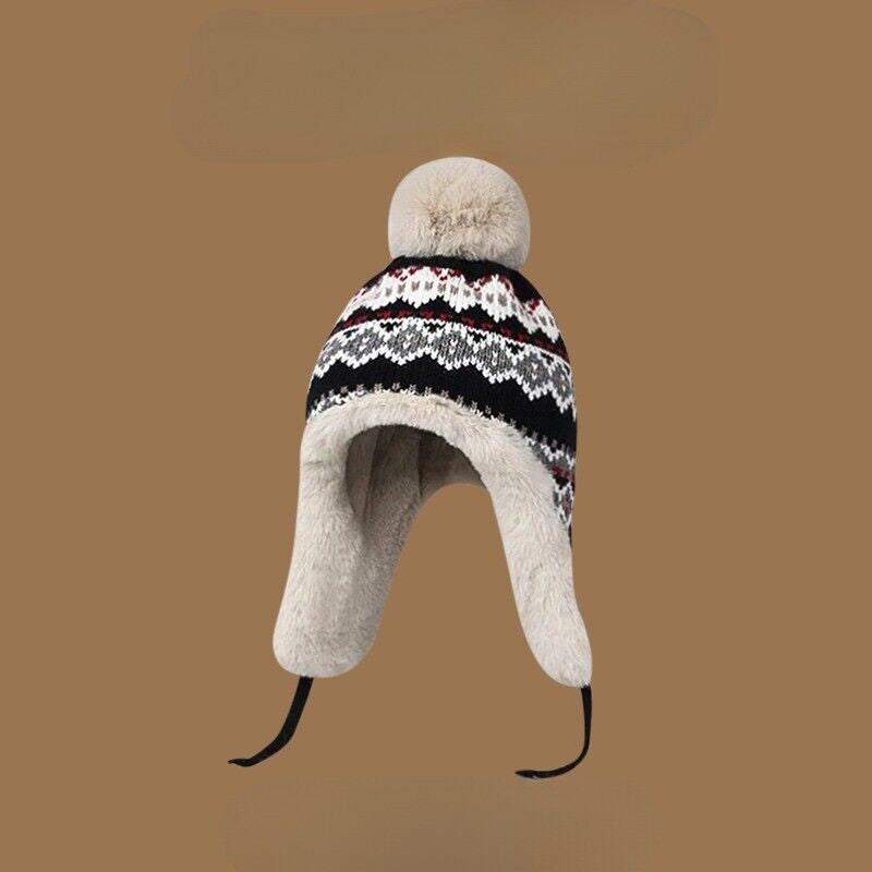 Lady Knit Bobble Hat with Ear Flaps Ear Warmer Furry Inner Winter Outdoor Casual