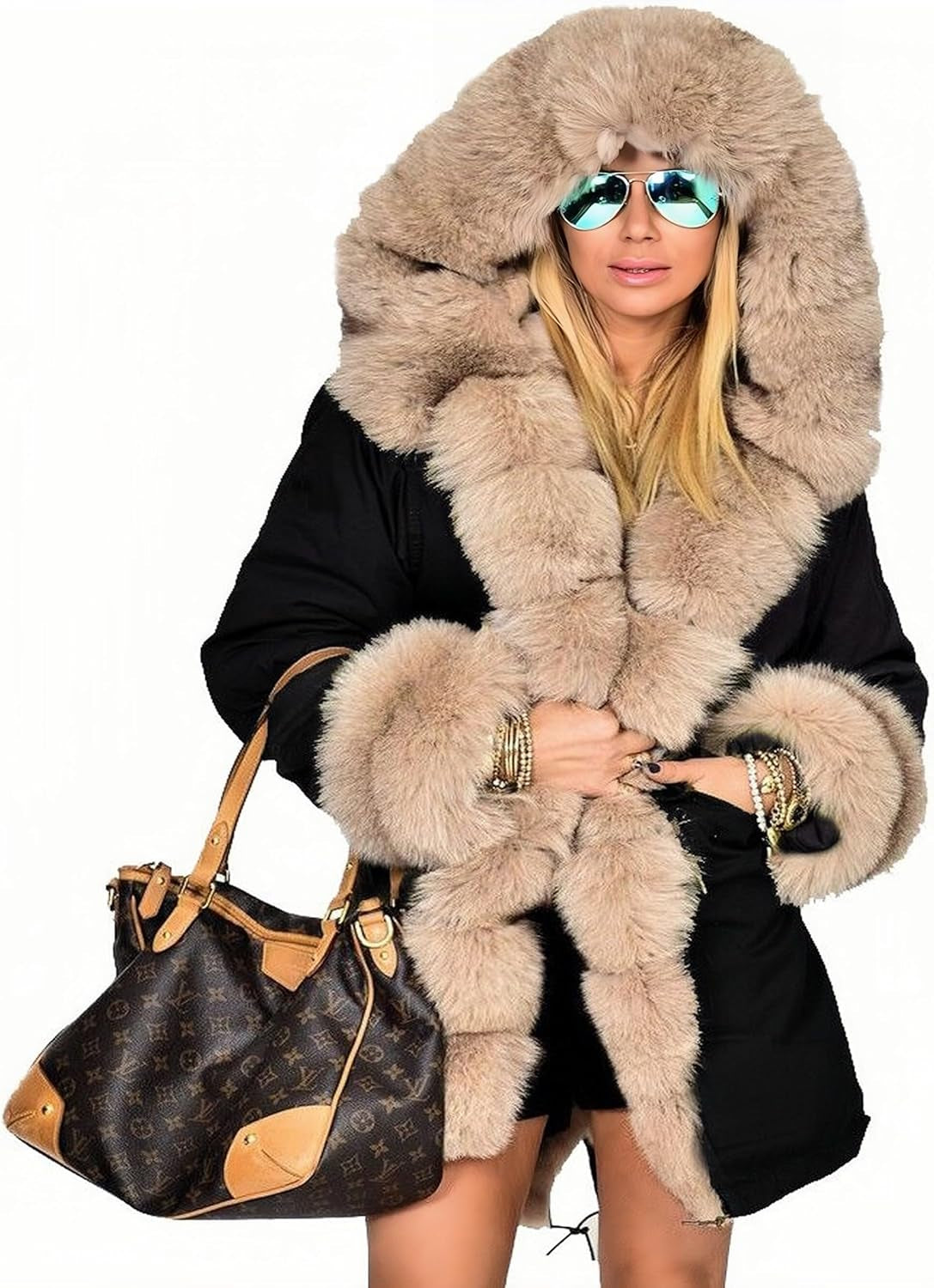 Women'S Faux Fur Lined Coat Hooded Warm Winter Outwear Thicken Jackets Parka Long Cardigan