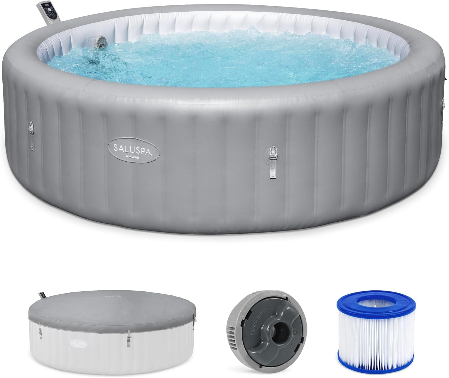 Saluspa Hawaii Smart Airjet Inflatable Hot Tub Square Portable 4 to 6 Person Spa with 140 Airjets, App Control and Energysense Cover, Blue