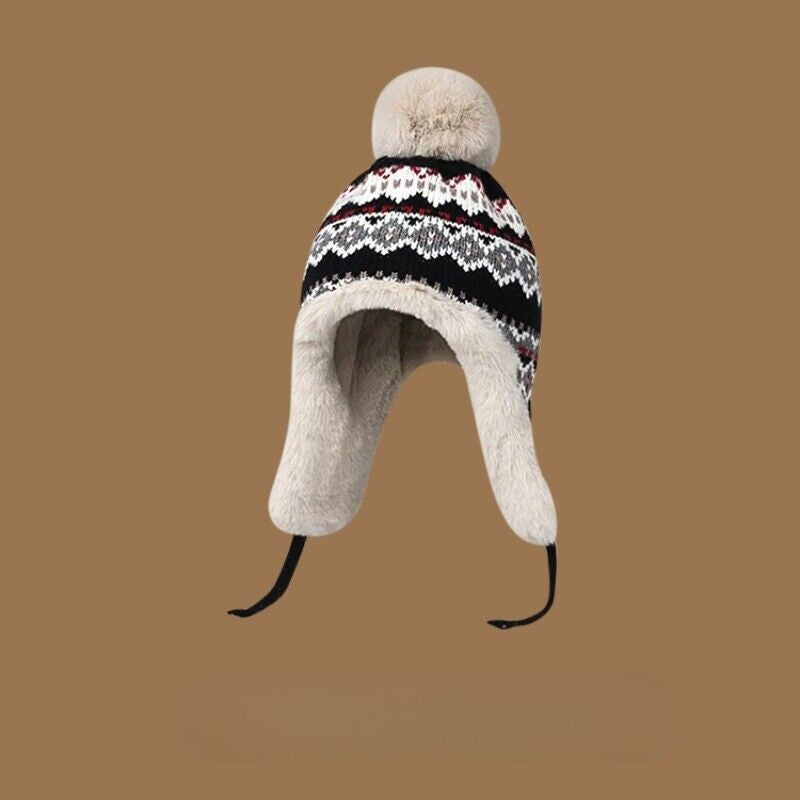 Lady Knit Bobble Hat with Ear Flaps Ear Warmer Furry Inner Winter Outdoor Casual