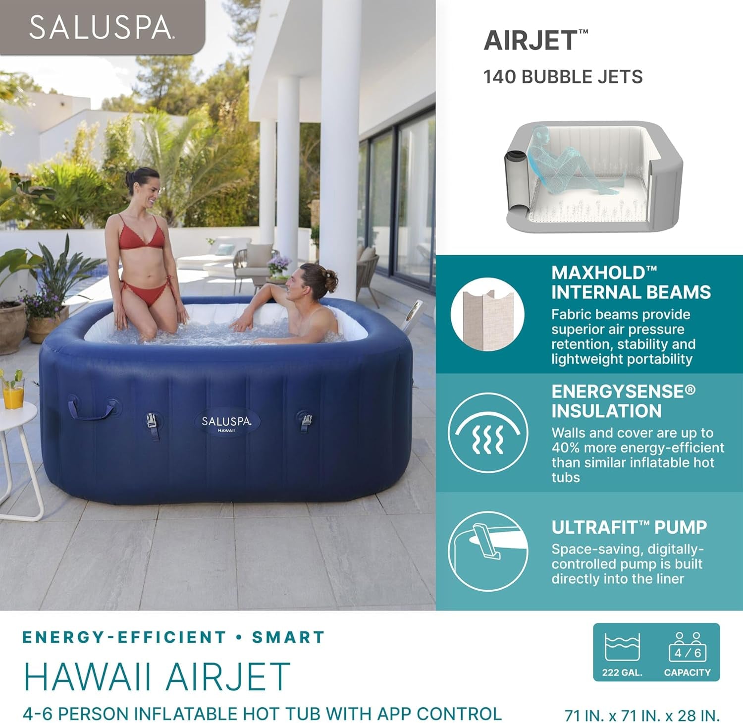 Saluspa Hawaii Smart Airjet Inflatable Hot Tub Square Portable 4 to 6 Person Spa with 140 Airjets, App Control and Energysense Cover, Blue