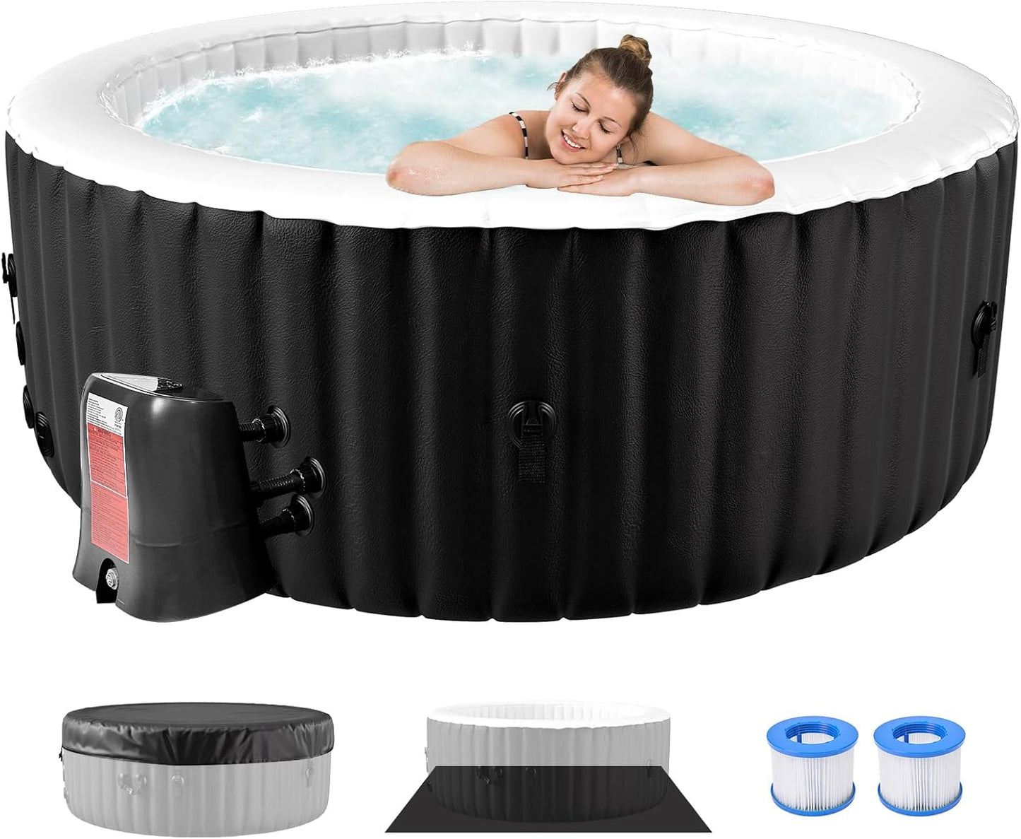 2 Person Oval Inflatable Hot Tub, 100 Air Jets, 145 Gal, Black, PVC, Oval Shape, 75' L X 47'W X 25'H