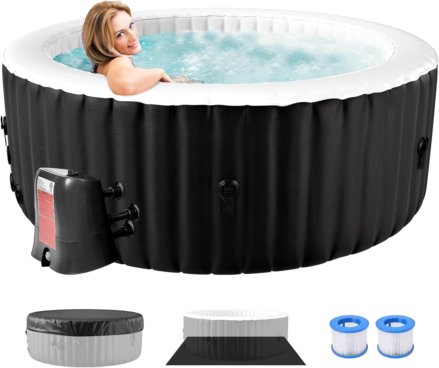 2 Person Oval Inflatable Hot Tub, 100 Air Jets, 145 Gal, Black, PVC, Oval Shape, 75' L X 47'W X 25'H