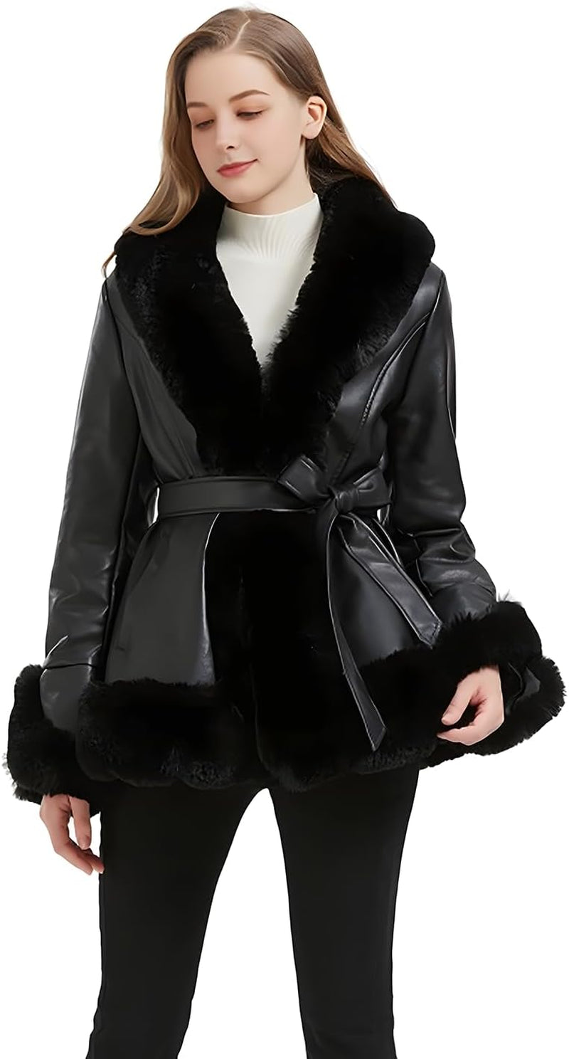 Women'S Faux Leather Jacket with Faux Fur Collar, Winter Long Sleeve Furry Trim Peplum Parka Coat with Belt