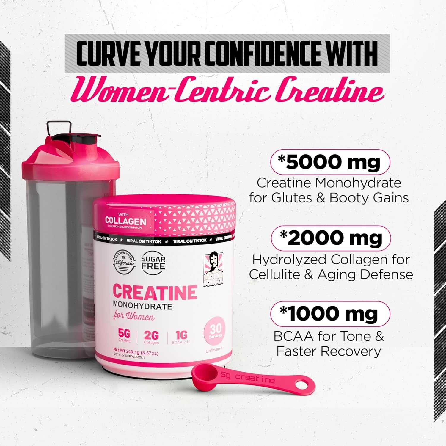 Creatine for Women Post-Workout Supplement - 5000Mg Creatine, 2000Mg Hydrolyzed Bovine Collagen & BCAA 2:1:1 for Lean Muscle Growth, Fast Recovery & Stamina - 30 Servings
