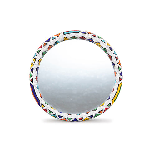 Beaded Ndebele Mirror Medium 16” – Handmade White Rim Wall Decor