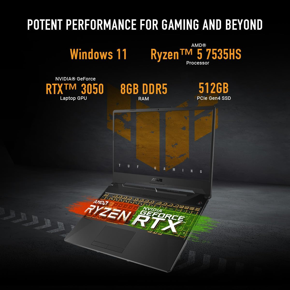 TUF Gaming A15 (2024) Gaming Laptop, 15.6” FHD 144Hz Display, NVIDIA® Geforce RTX™ 3050, AMD Ryzen™ 5 7535HS, 8GB DDR5, 512GB Pcie® Gen4 Nvme™ SSD, Wi-Fi 6, Windows 11, FA506NC-ES51