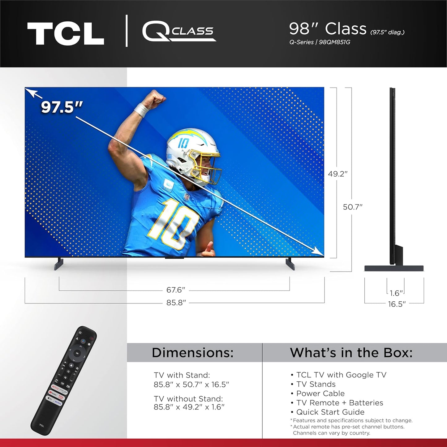 98-Inch QM85 QLED 4K Smart Qd-Mini LED TV with Google TV (98QM851G, 2024 Model) Dolby Vision IQ HDR, Dolby Atmos, Game Accelerator up to 240Hz, Voice Remote, Works with Alexa, Streaming Television