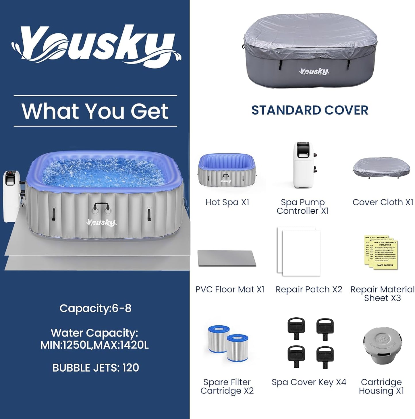 Inflatable Hot Tub 6-8 Person – Portable with 120 Bubble Jets, 104℉ Heating & Filtration System, Durable PVC Material, Hot Tub Cover, 83" L X 83" W X 26" H, Easy Set-Up for Outdoor and Indoor