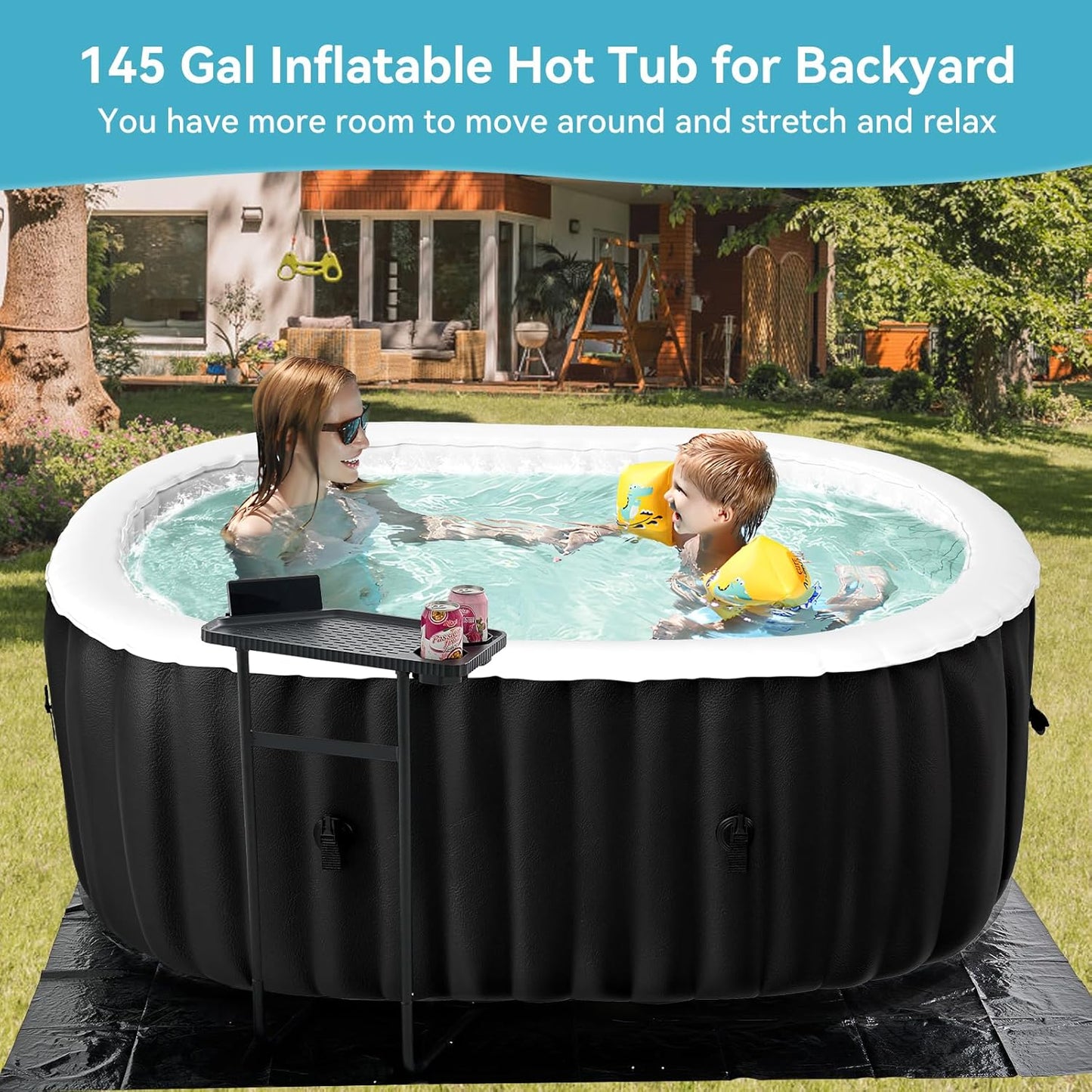 2 Person Oval Inflatable Hot Tub, 100 Air Jets, 145 Gal, Black, PVC, Oval Shape, 75' L X 47'W X 25'H