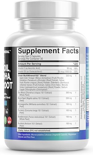 Sea Moss 3000mg Black Seed Oil 2000mg Ashwagandha 1000mg Turmeric 1000mg Bladderwrack 1000mg Burdock 1000mg & Vitamin C & D3 with Elderberry Manuka Dandelion Yellow Dock Iodine Chlorophyll ACV