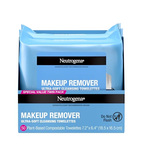 Neutrogena Makeup Remover Wipes, Ultra-Soft Cleansing Facial Towelettes for Waterproof Makeup, Alcohol-Free, Plant-Based, Twin Pack, 25 Count (Pack of 2)