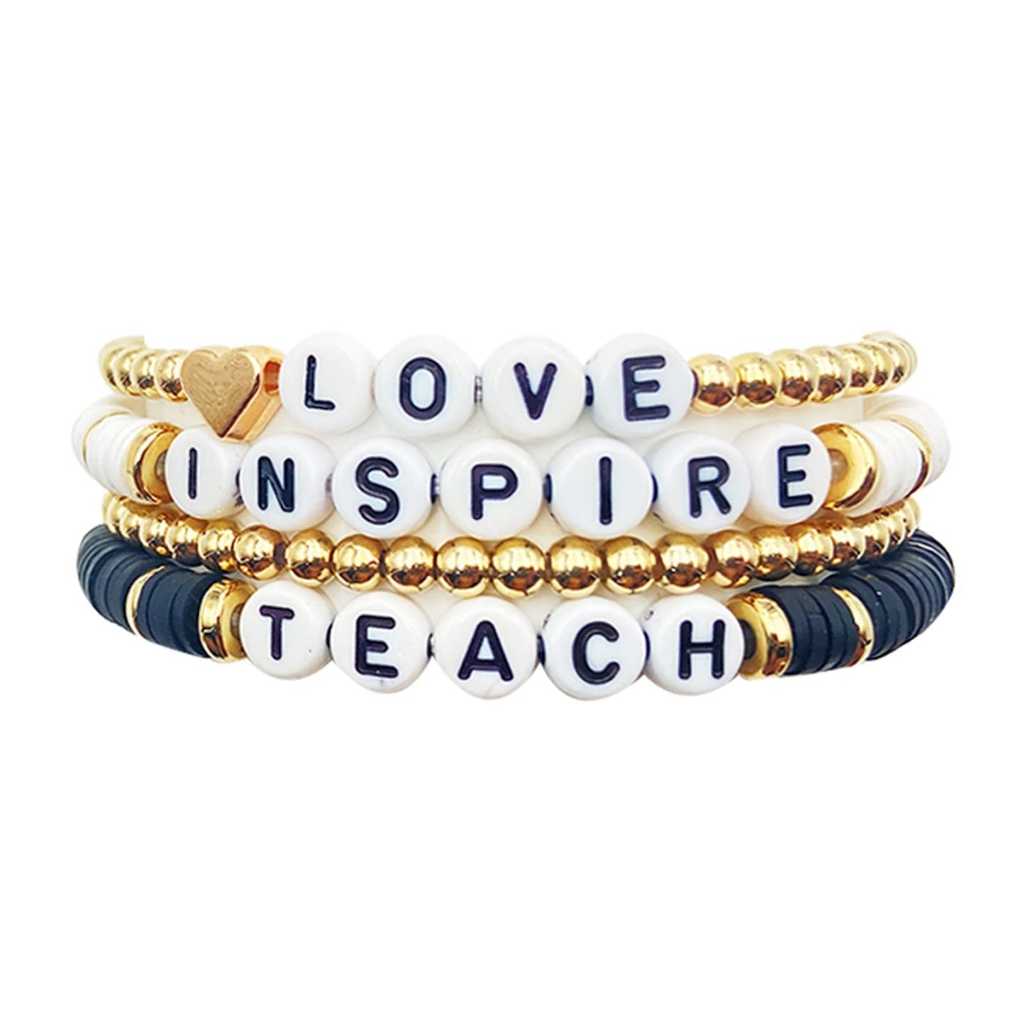 Handmade Teacher Appreciation Stackable Bracelets Colorful Solf Clay Love Teach Inspire Letter Beaded Adjustable Bracelets Sweet Teacher Gifts for Women-black