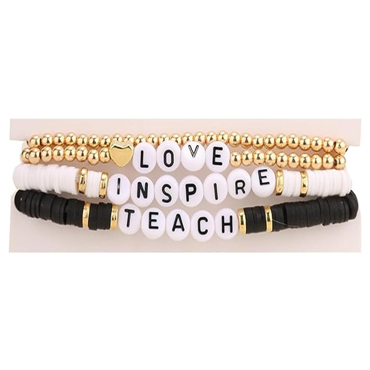 Handmade Teacher Appreciation Stackable Bracelets Colorful Solf Clay Love Teach Inspire Letter Beaded Adjustable Bracelets Sweet Teacher Gifts for Women-black