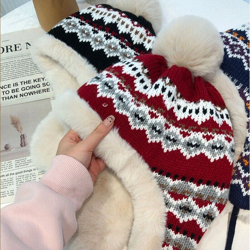 Lady Knit Bobble Hat with Ear Flaps Ear Warmer Furry Inner Winter Outdoor Casual