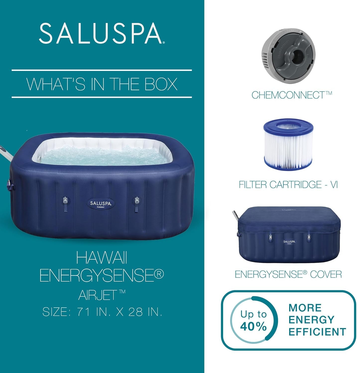 Saluspa Hawaii Smart Airjet Inflatable Hot Tub Square Portable 4 to 6 Person Spa with 140 Airjets, App Control and Energysense Cover, Blue