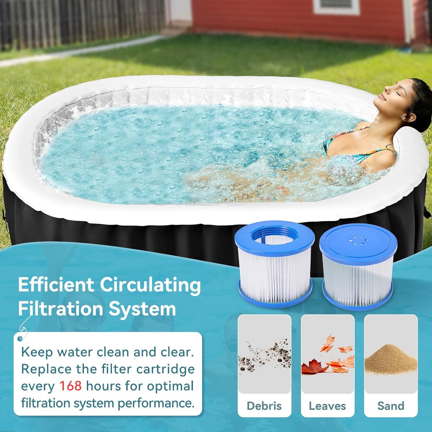 2 Person Oval Inflatable Hot Tub, 100 Air Jets, 145 Gal, Black, PVC, Oval Shape, 75' L X 47'W X 25'H