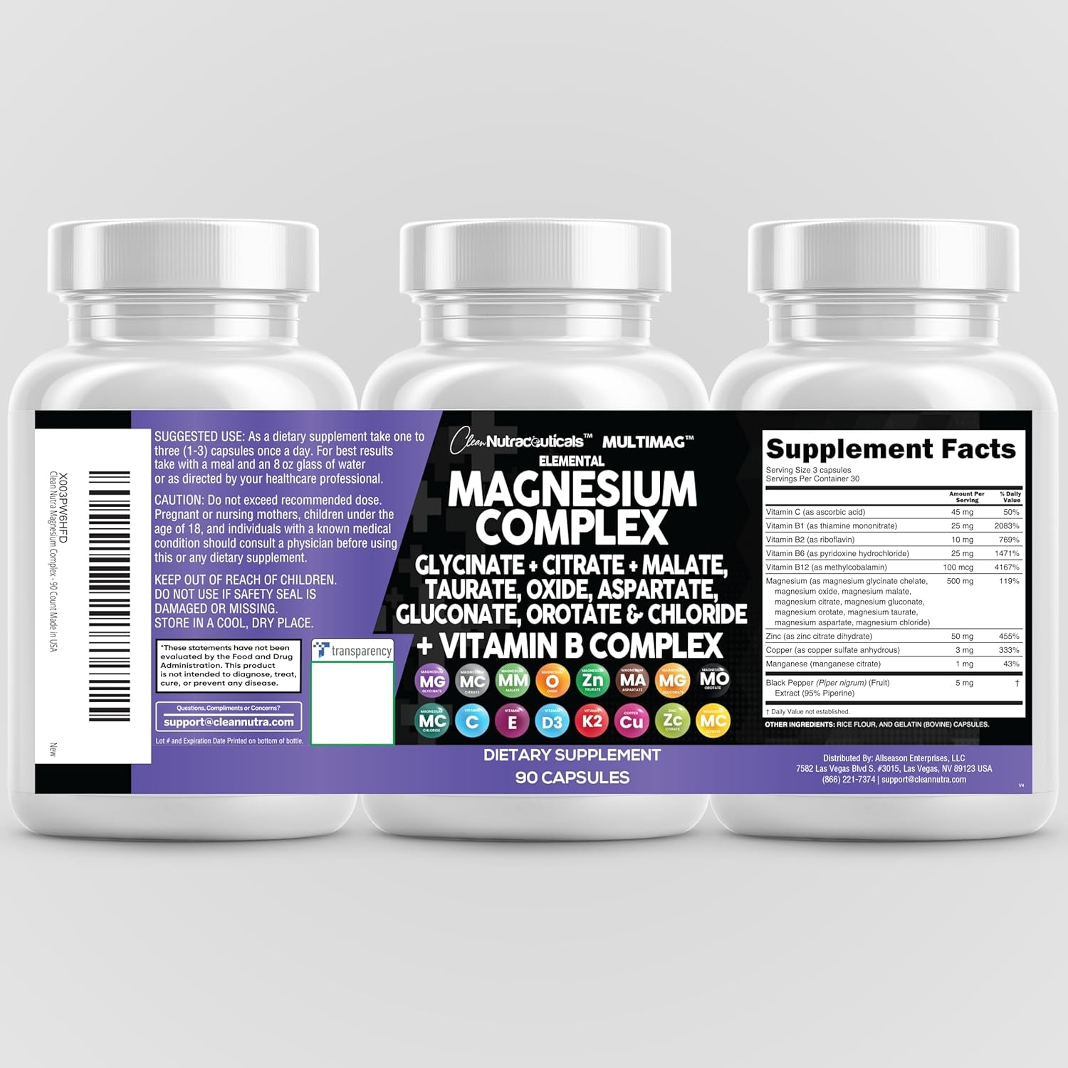 Magnesium Complex with Magnesium Glycinate Citrate Malate Oxide Taurate Aspartate Orotate & Mag Chloride, Zinc Copper Manganese & Vitamin C B1 B2 B6 B12 Complex - 1Pack