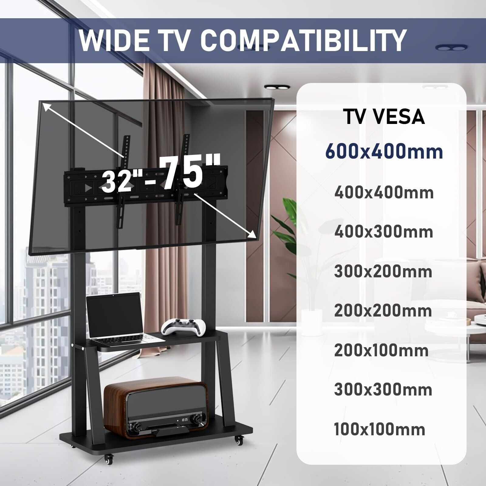 Rolling TV Stand, TV Stand with Wheels for 32-75 Inch TV, Portable TV Stand W...