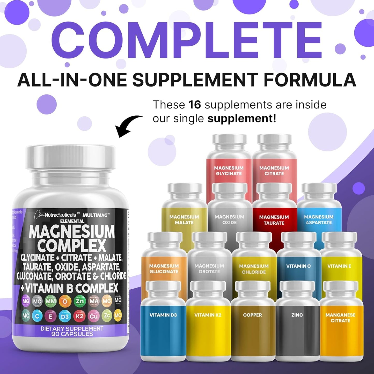 Magnesium Complex with Magnesium Glycinate Citrate Malate Oxide Taurate Aspartate Orotate & Mag Chloride, Zinc Copper Manganese & Vitamin C B1 B2 B6 B12 Complex - 1Pack
