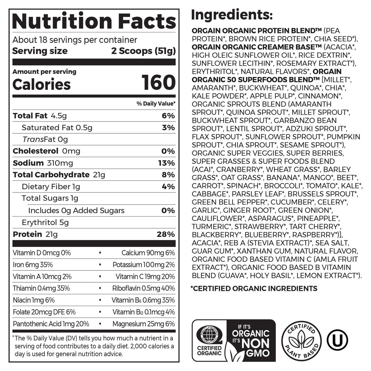 Orgain Organic Plant Protein Powder – Vegan Non-GMO Shake