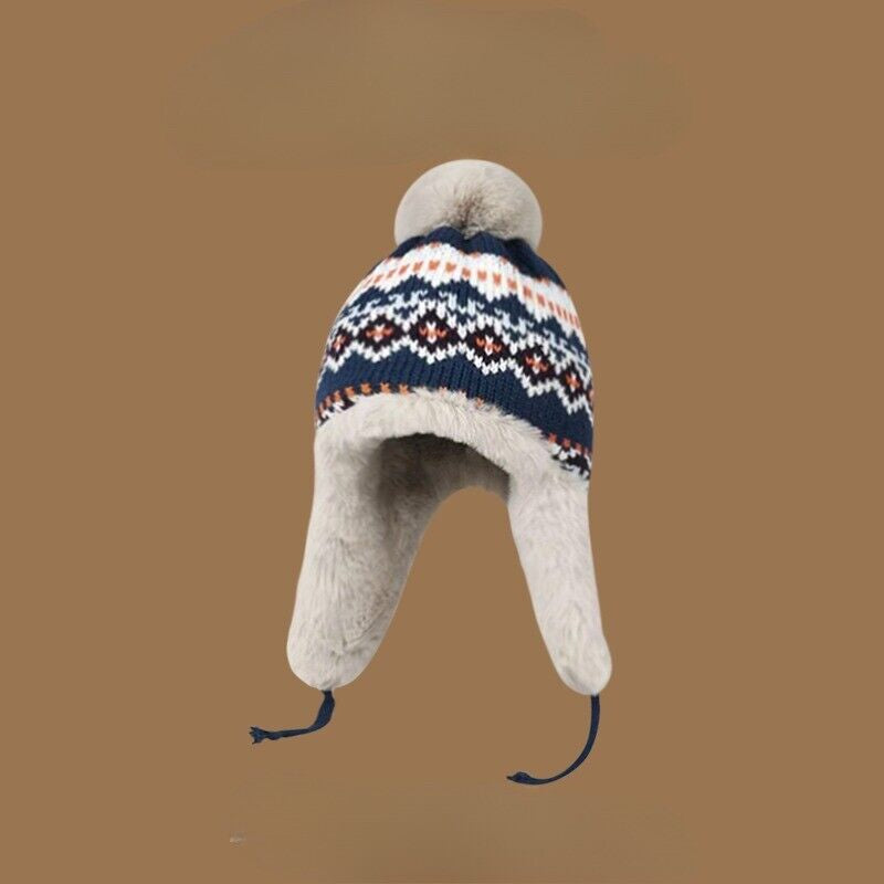 Lady Knit Bobble Hat with Ear Flaps Ear Warmer Furry Inner Winter Outdoor Casual