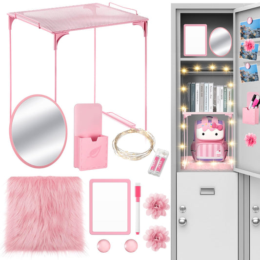 Patelai 12 Pcs Locker Organizer Decorating Kit Back to School Essentials Include Pen Holder Locker Organizer Shelf Mirror Faux Fur Rug Whiteboard with Marker Magnet String Light for Girls (Pink)