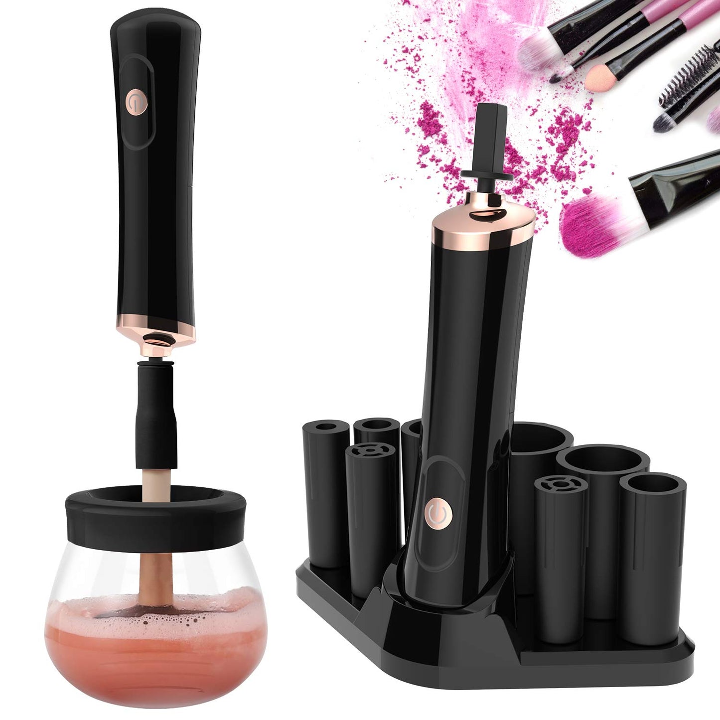 Senbowe Upgraded Makeup Brush Cleaner and Dryer Machine, Super-Fast Electric Brush Cleaner Machine with 8 Size Rubber Collars, Automatic Brush Cleaner Spinner Makeup Brush Tools