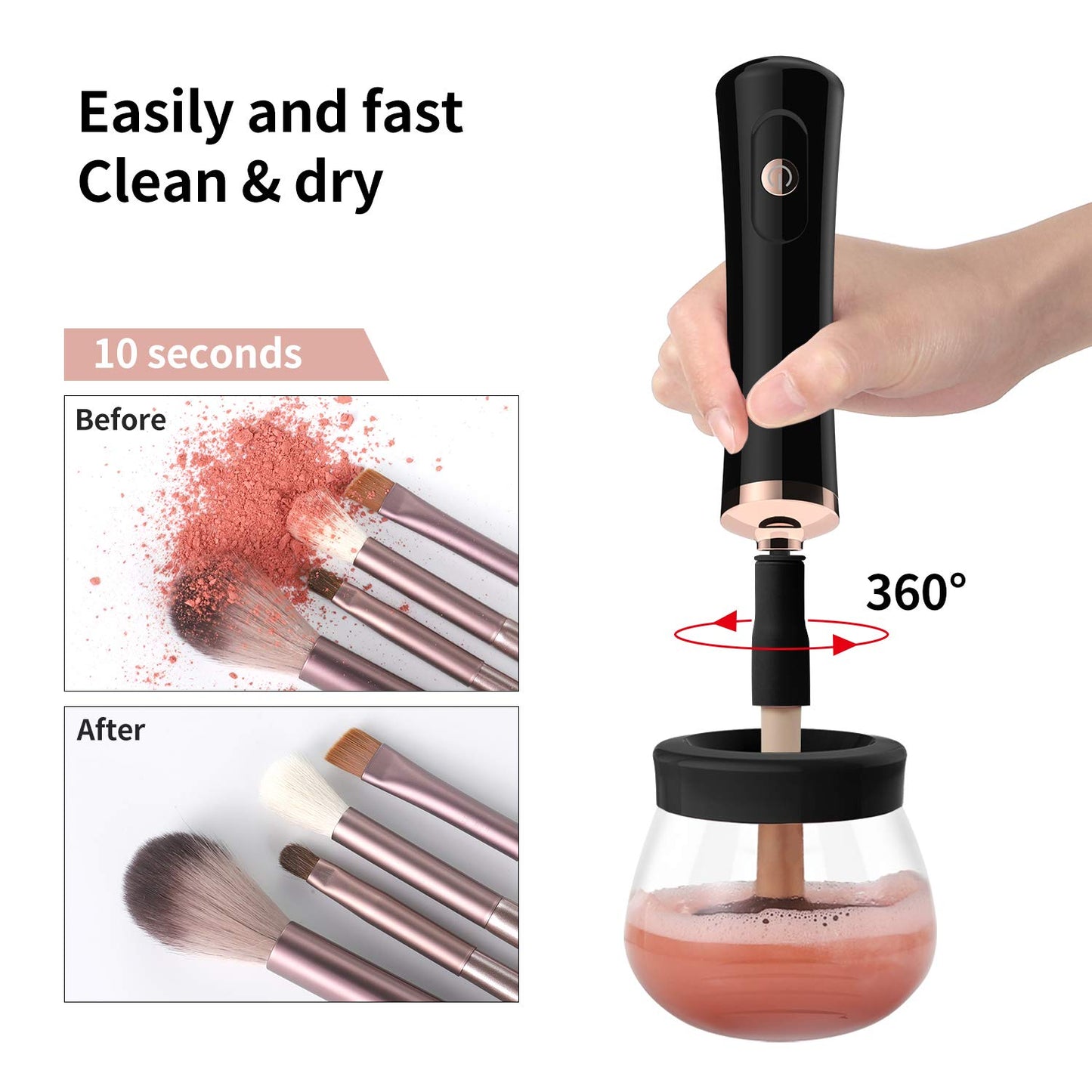 Senbowe Upgraded Makeup Brush Cleaner and Dryer Machine, Super-Fast Electric Brush Cleaner Machine with 8 Size Rubber Collars, Automatic Brush Cleaner Spinner Makeup Brush Tools