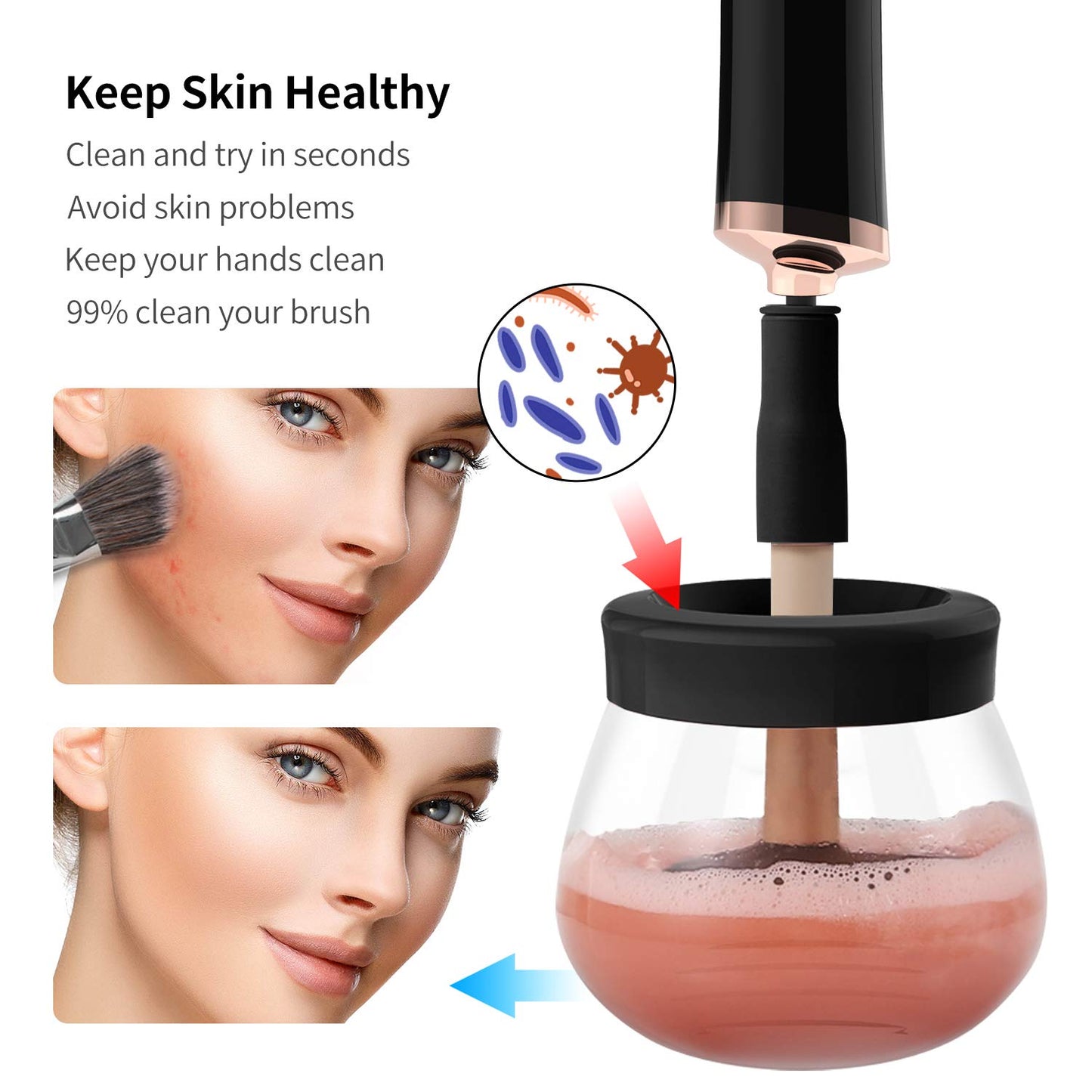 Senbowe Upgraded Makeup Brush Cleaner and Dryer Machine, Super-Fast Electric Brush Cleaner Machine with 8 Size Rubber Collars, Automatic Brush Cleaner Spinner Makeup Brush Tools