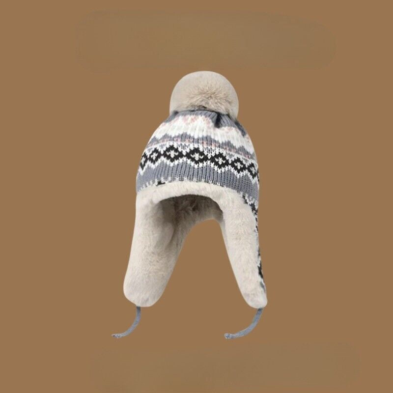 Lady Knit Bobble Hat with Ear Flaps Ear Warmer Furry Inner Winter Outdoor Casual