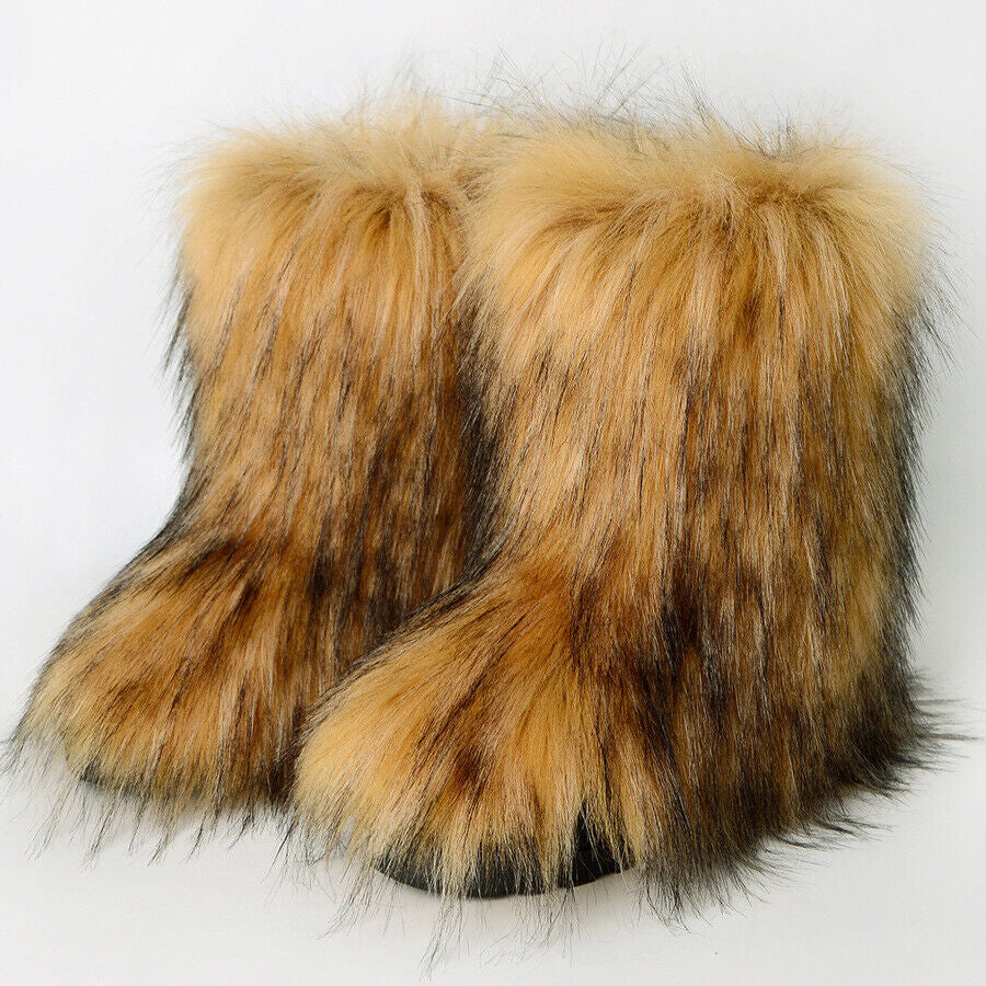 Women Faux Fur Boots Fuzzy Fluffy Furry round Toe Winter Snow Boots Warm Shoes