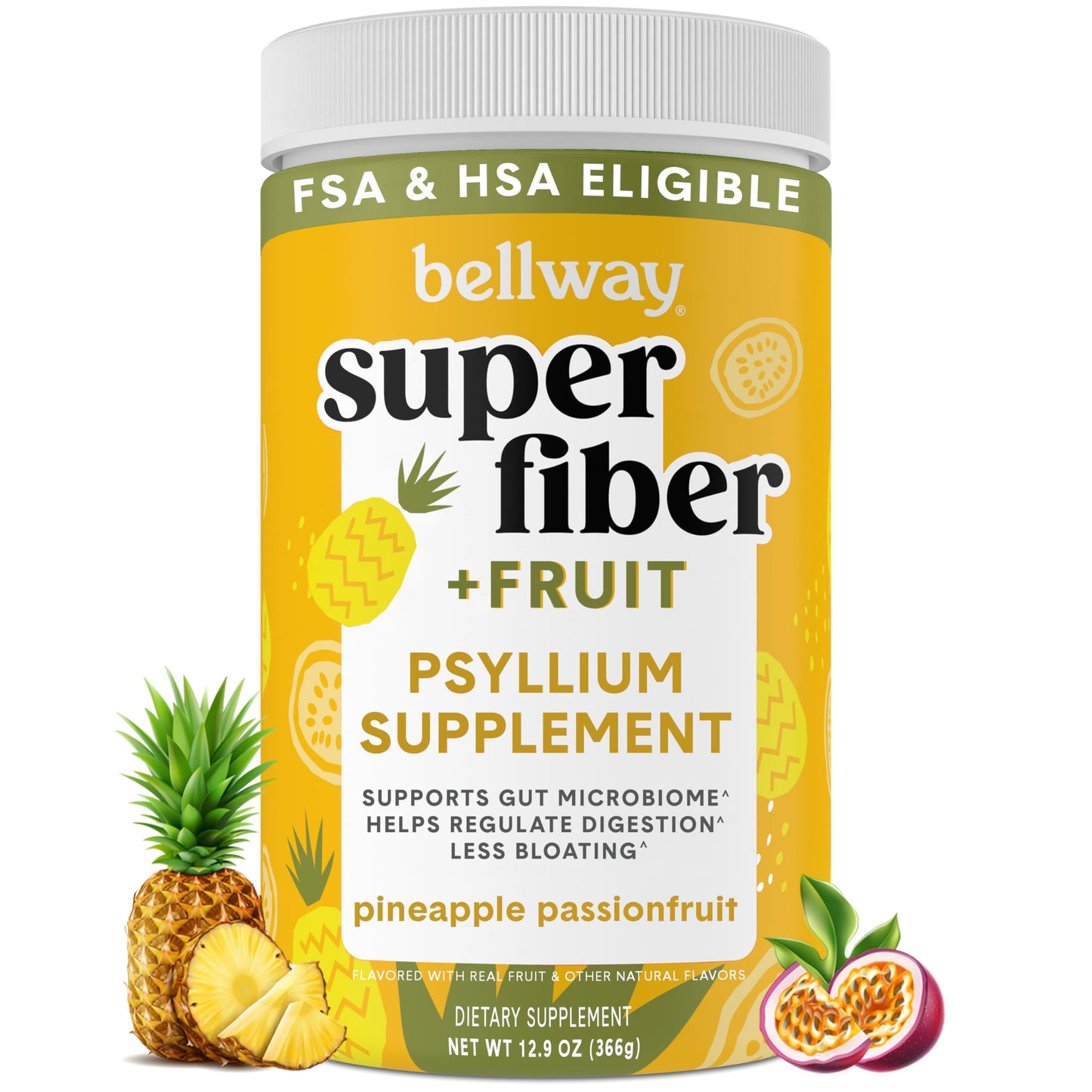 Bellway Super Fiber Powder + Fruit, Sugar Free Organic Psyllium Husk Powder Fiber Supplement for Regularity, Bloating Relief & Gut Health, Non-GMO, Plant-Based, Pineapple Passion Fruit (50 Servings)