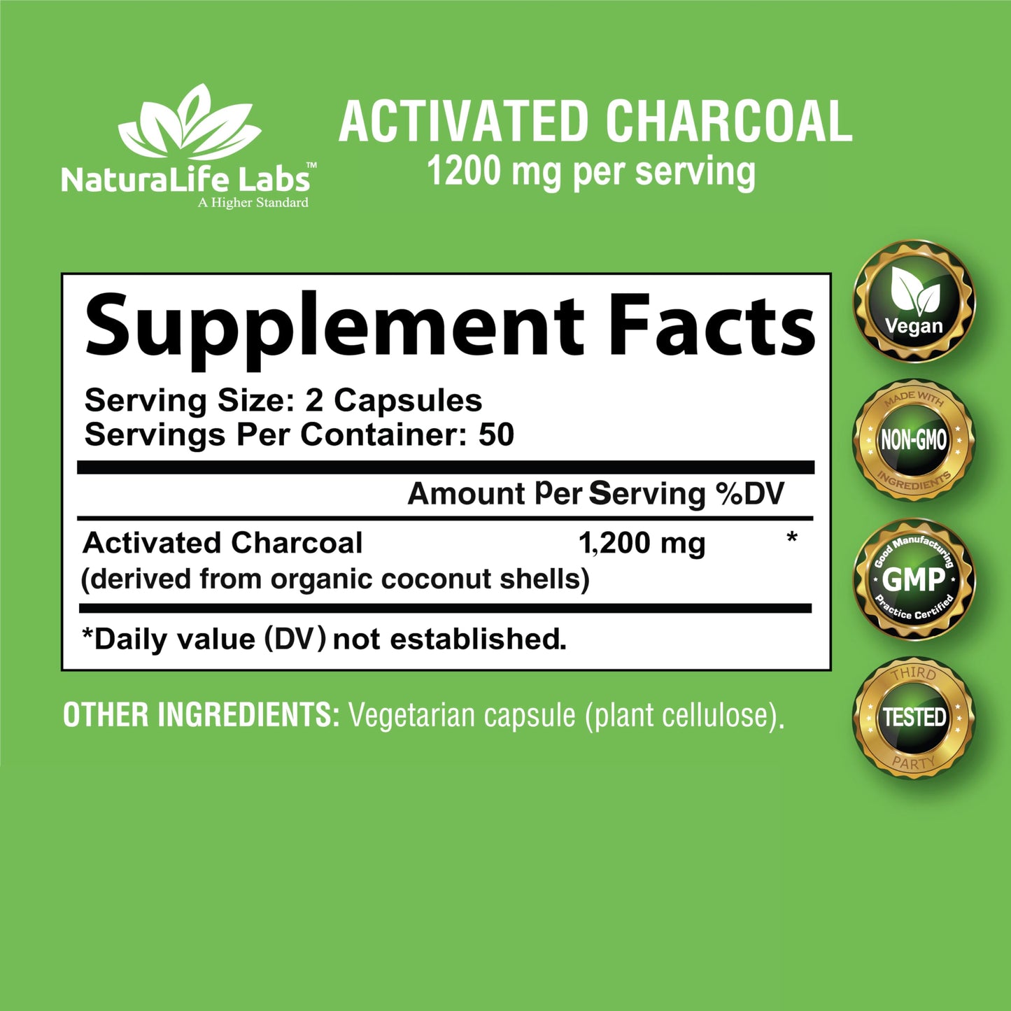 Activated Charcoal Capsules - 1,200 mg Highly Absorbent Helps Alleviate Gas & Bloating Promotes Natural detoxification Derived from Coconut Shells - per Serving - 100 Vegan Capsules