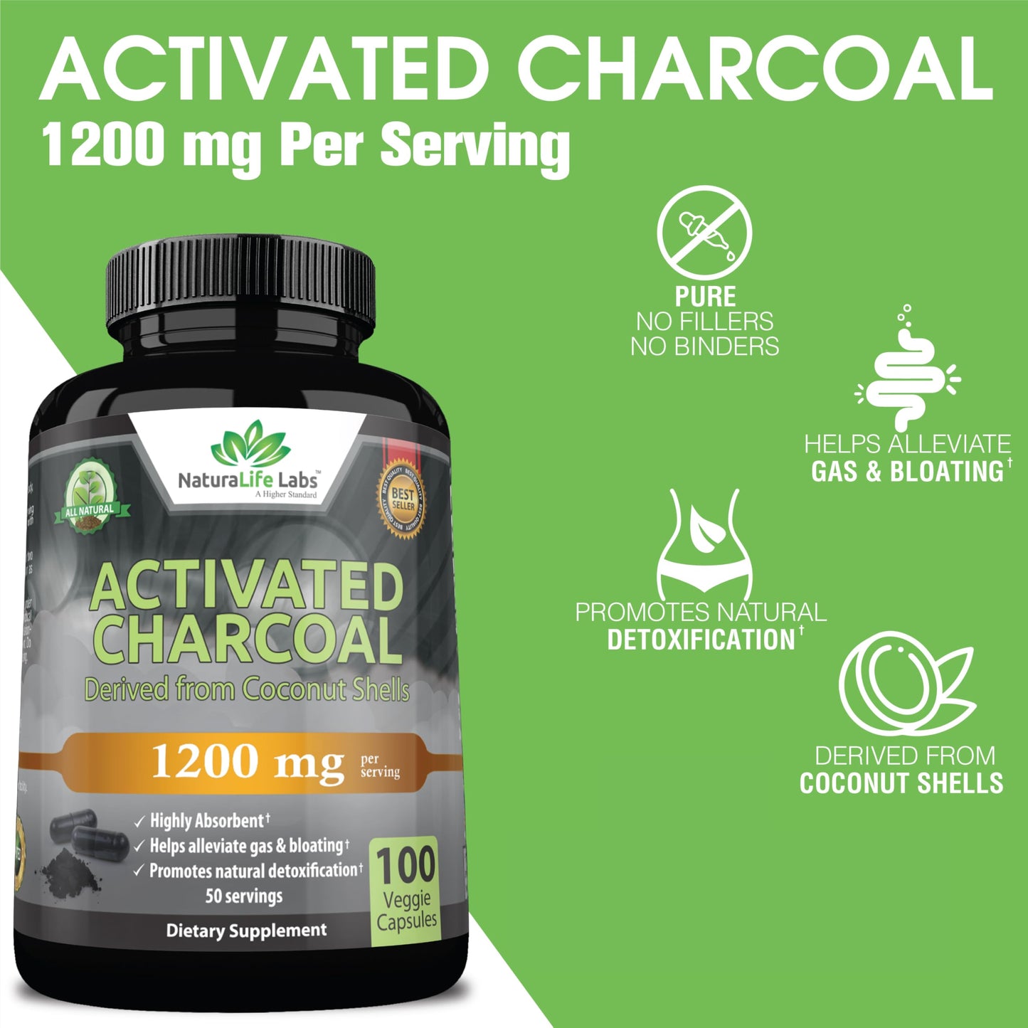 Activated Charcoal Capsules - 1,200 mg Highly Absorbent Helps Alleviate Gas & Bloating Promotes Natural detoxification Derived from Coconut Shells - per Serving - 100 Vegan Capsules