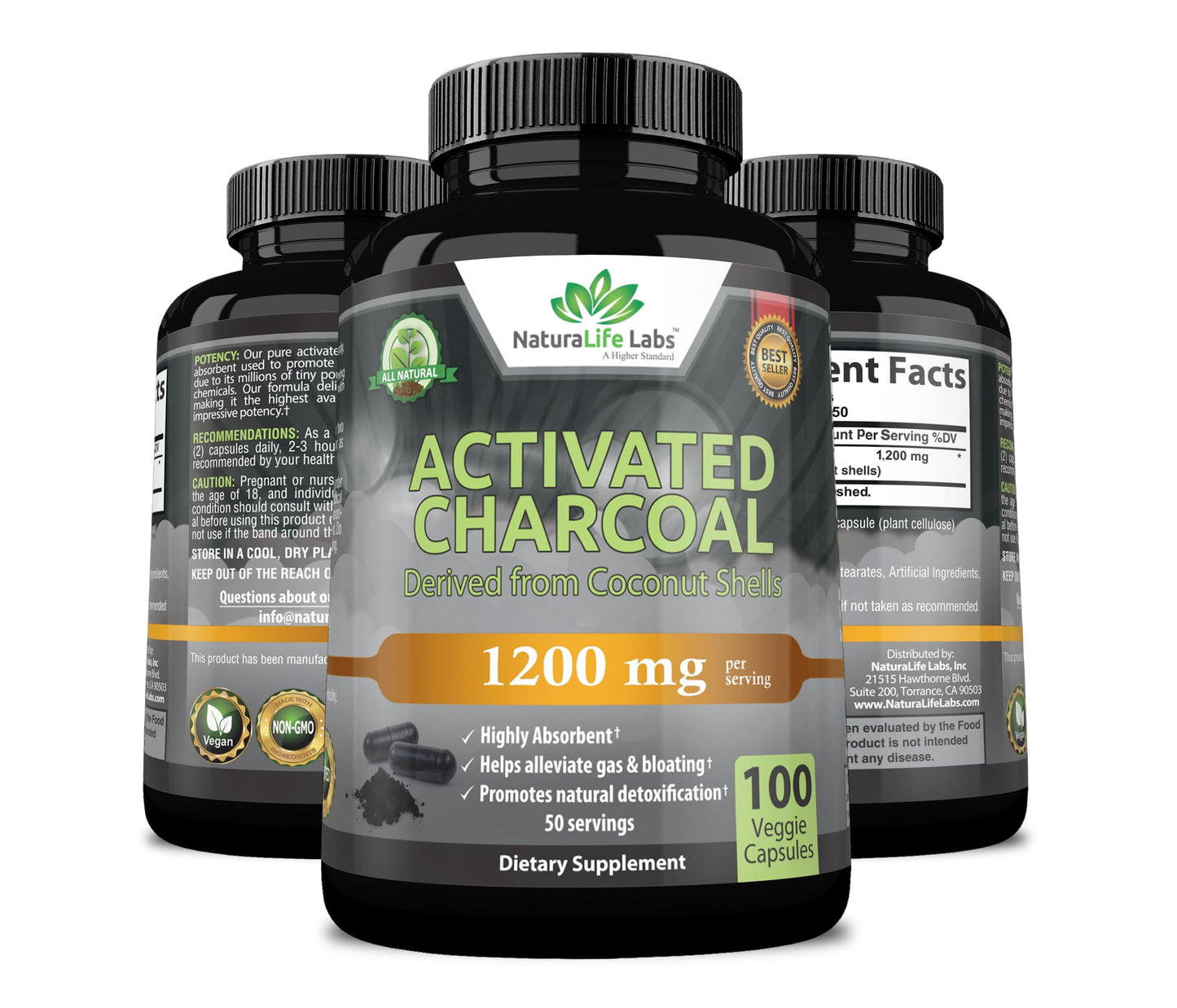 Activated Charcoal Capsules - 1,200 mg Highly Absorbent Helps Alleviate Gas & Bloating Promotes Natural detoxification Derived from Coconut Shells - per Serving - 100 Vegan Capsules